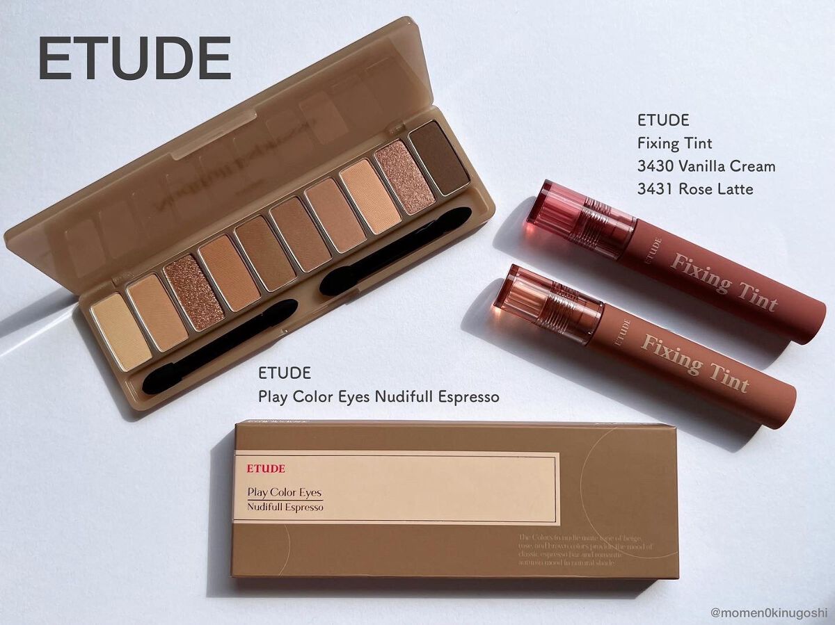 明日8/24から #Qoo10  で発売！
ETUDEの新作のヌーディーフルエスプレッソメイクセット頂いたのでご紹介

▫️Play Color Eyes Nudifull Espresso
▫️Fixing Tint
・3430 Vani