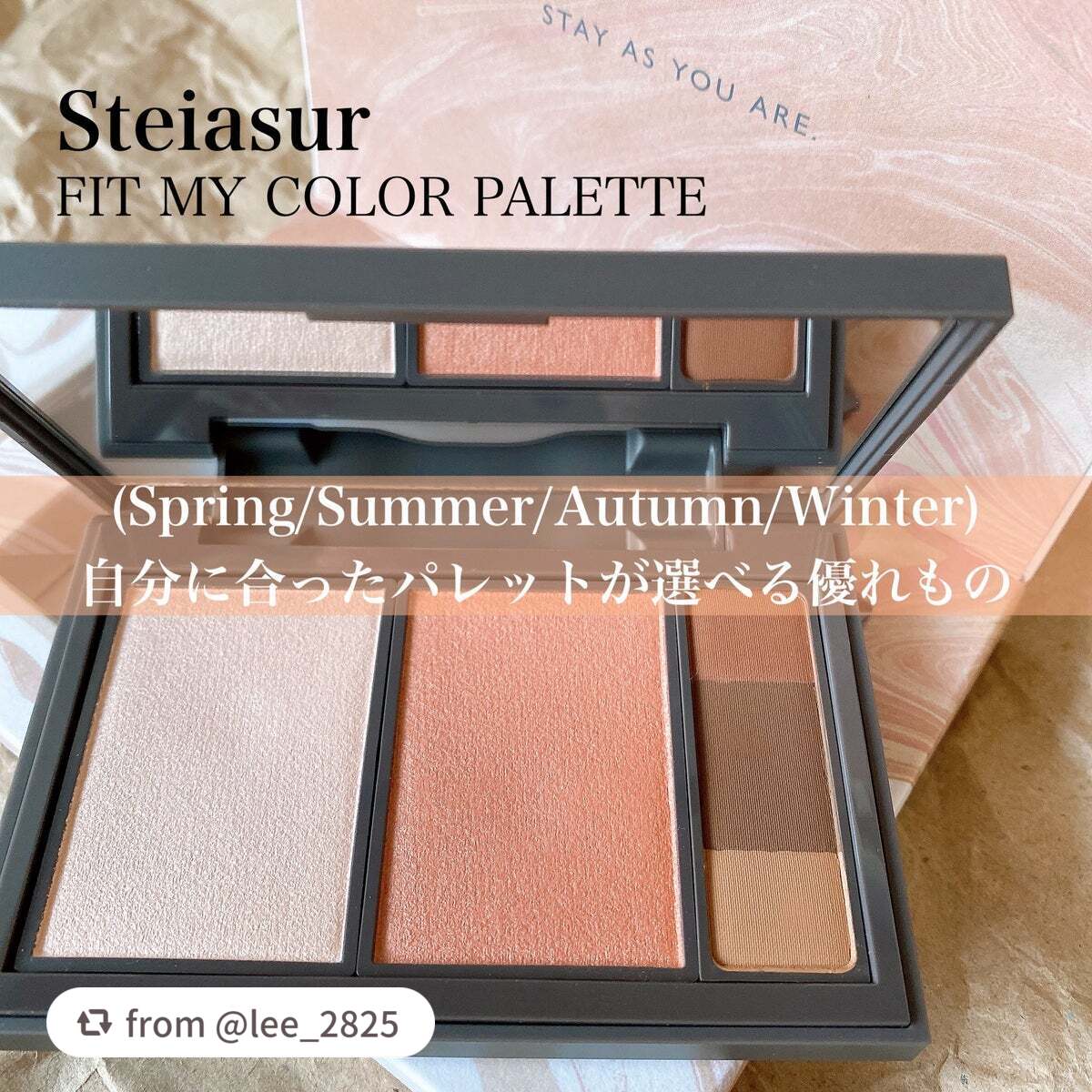 【lee_2825さんから引用】

“STEIASUR

▶︎ステイアシュール
　フィット my カラーパレット
　03 autumn

　¥3,850(税込)



STEIASURさんから頂いた
「フィット my カラーパレット」のご紹