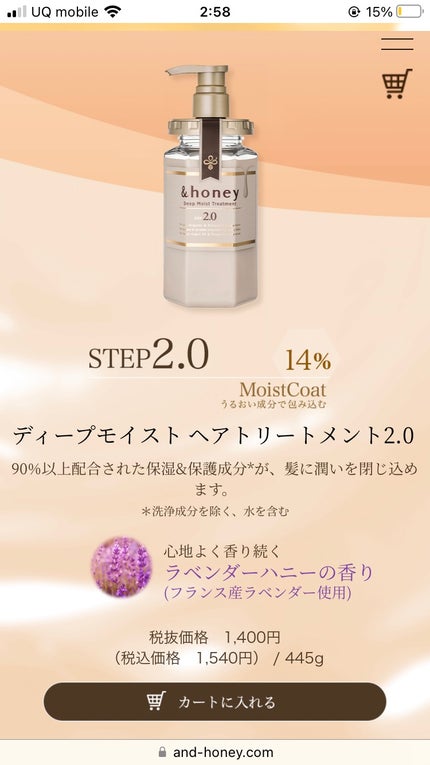 ディープモイスト シャンプー1.0/ヘアトリートメント2.0 ヘアトリートメント本体 445g/&honey/市販シャンプーの画像