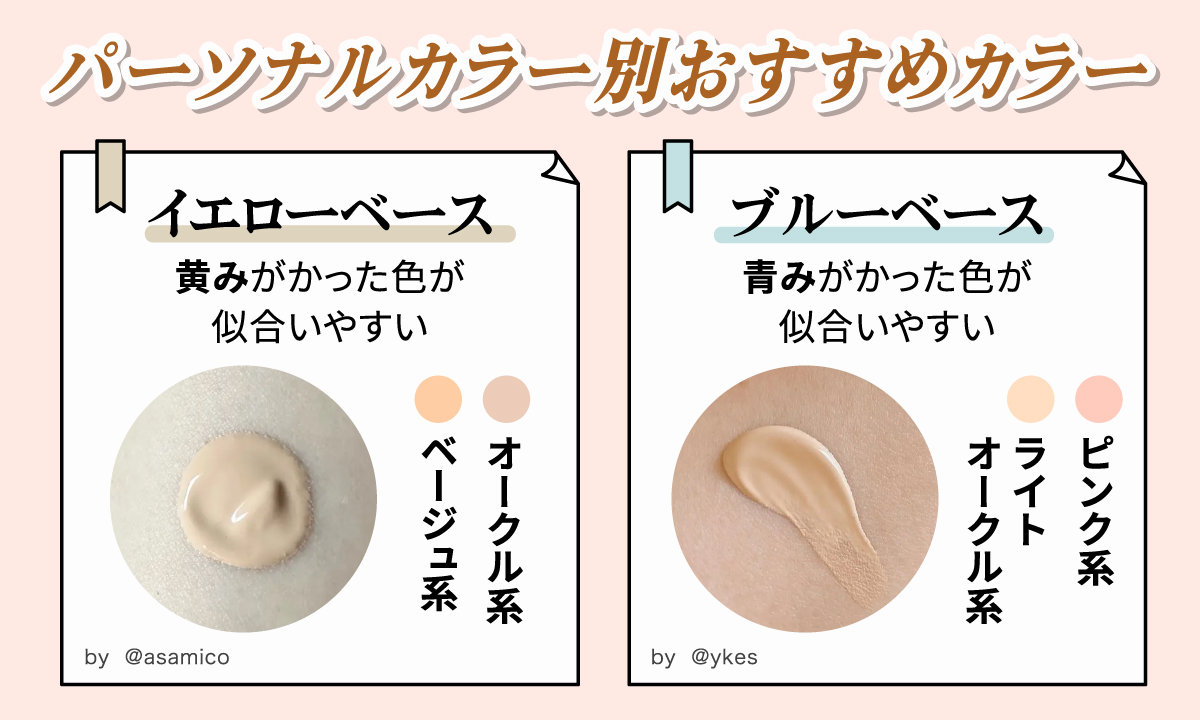 黄みがかった色が似合いやすいイエローベースの人にはベージュ系やオークル系、青みがかった色が似合いやすいブルーベースの人にはライトオークル系やピンク系がおすすめです。