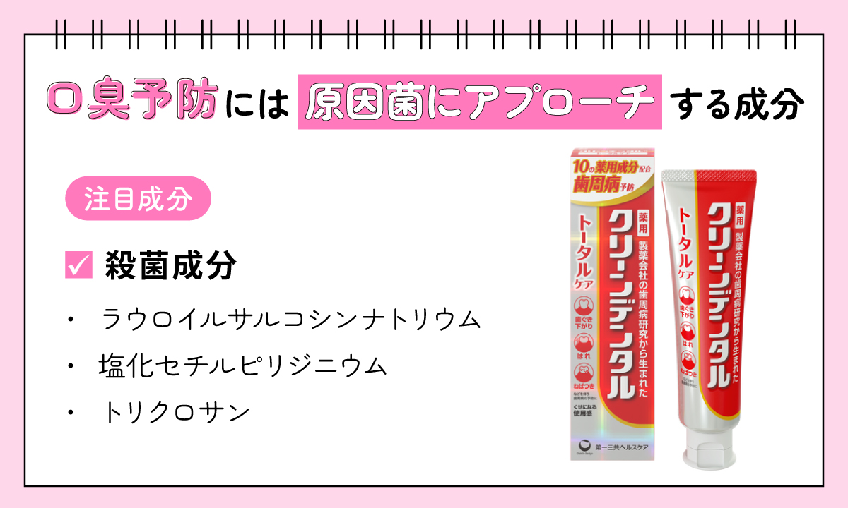口臭予防には原因菌にアプローチする成分。注目成分は殺菌成分のラウロイルサルコシンナトリウム・塩化セチルピリジニウム・トリクロサン。