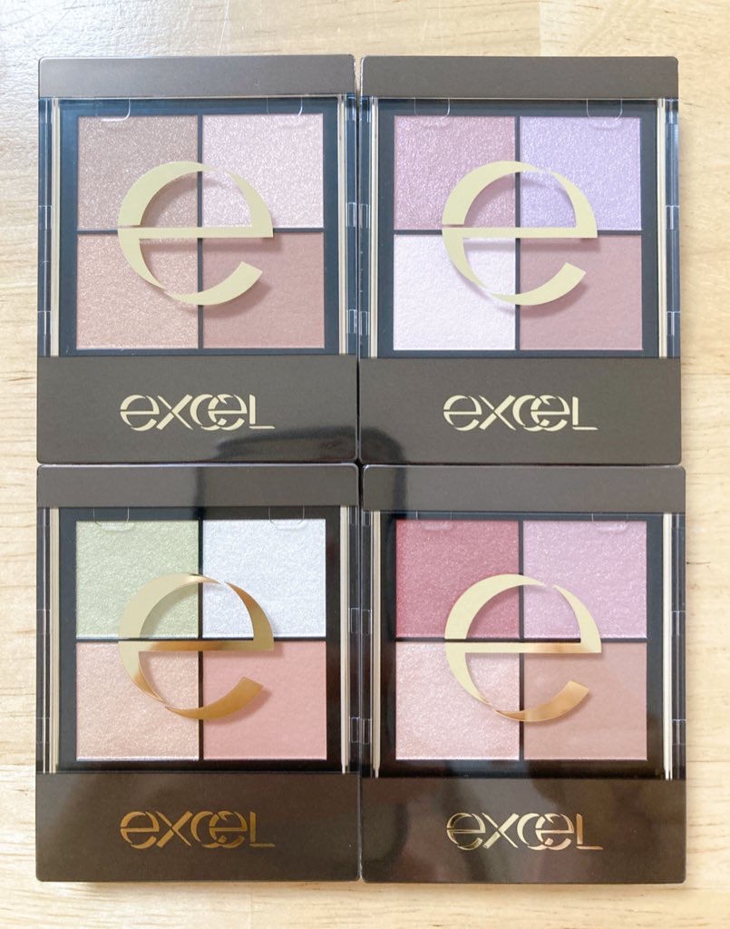 エクセル　リアルクローズシャドウ4色をモニターでいただきました☺️
リニューアル前の物を使用した事があったのでとても嬉しいです🩷

パールが綺麗で粉とびしないのと、大人でも使える配色がツボ✨👁️

下２色だけを使うシンプルメイクは普段メ