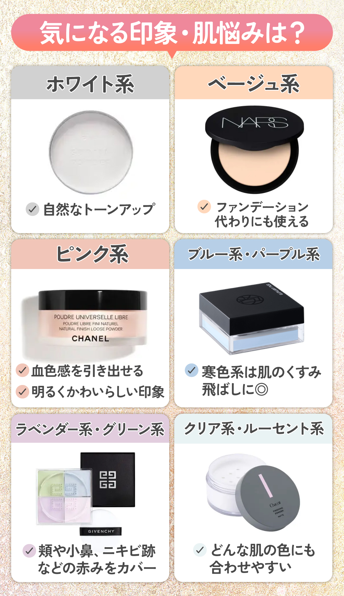 気になる印象・肌悩みは？ホワイト系は自然なトーンアップ、ベージュ系はファンデーション代わりにも使える、ピンク系は血色感を引き出し明るくかわいらしい印象に、ブルー系・パープル系は寒色系は肌のくすみ飛ばしに向いている、ラベンダー系・グリーン系は頬や小鼻、ニキビ跡などの赤みをカバーする、クリア系・ルーセント系はどんな肌の色にも合わせやすいです。