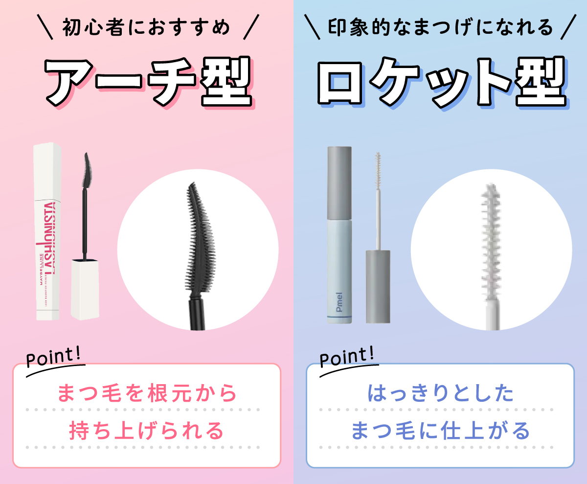 まつ毛を根元から持ち上げられるアーチ型は初心者におすすめ、はっきりとしたまつ毛に仕上がるロケット型は印象的なまつ毛になれます。