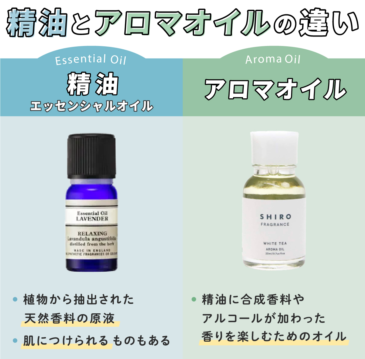 精油とアロマオイルの違い。精油（エッセンシャルオイル）は植物から抽出された天然香料の原液。肌につけられるものもある。アロマオイルは精油に合成香料やアルコールが加わった香りを楽しむためのオイル。