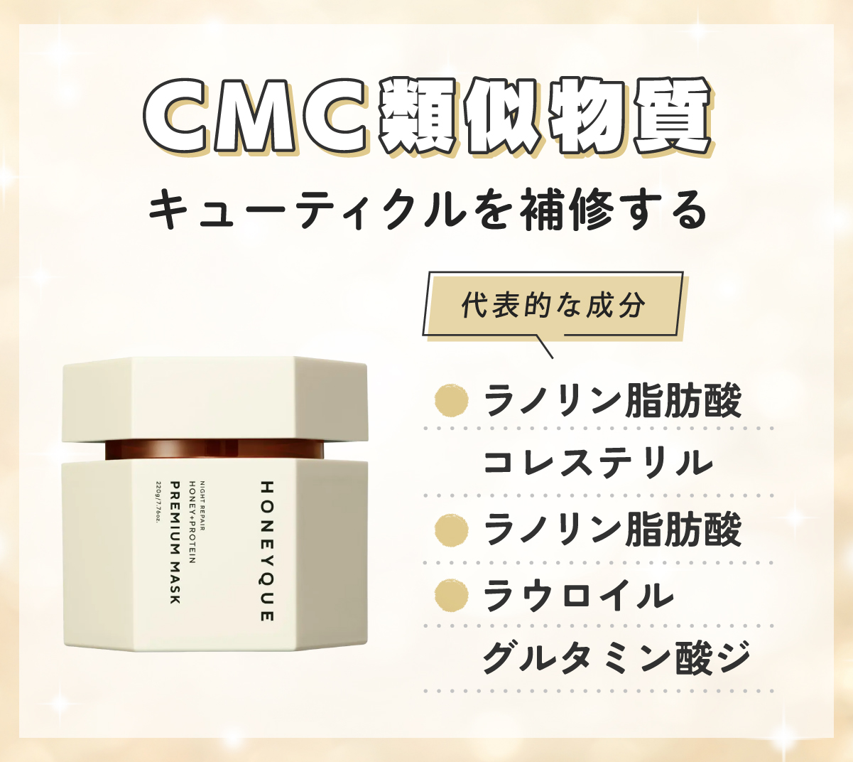 キューティクルを補修するCMC類似物質の代表的な成分はラノリン脂肪酸コレステリル・ラノリン脂肪酸・ラウロイルグルタミン酸ジです。