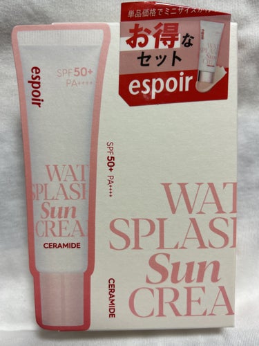  espoirウォータースプラッシュサンクリーム セラミドミニ付きセット60ml+20ml
────────────
数量限定でミニサイズも付いていてお得だったので惹かれて購入。

以下引用です
✂ーーーーーーーーーーーーーーーーーーーー
しっとりとしたピンクベースのテクスチャーが自然にトーンアップし透明感のあるツヤ肌に。セラミド※配合で、乾燥からお肌を守りうるおいをキープ！フ
アンデと相性が◎水分感たっぷりでさらさらとした使用感です。
※セラミドNP（保湿成分）
✂ーーーーーーーーーーーーーーーーーーーー

乾燥&敏感肌なのでセラミドが入っているクリームを探していたところ、こちらが気になりました！

同時に紫外線対策ができるのもうれしい！

冬の時期にも使っていきたいと思っています。
の画像 その0