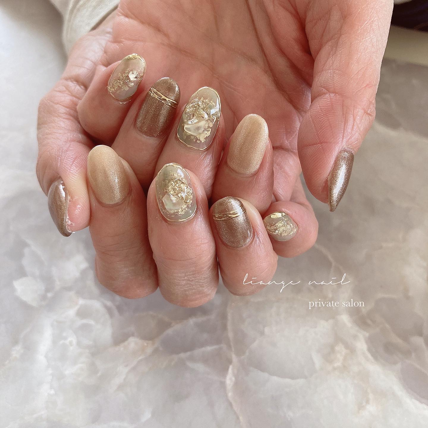 #リアンジェネイル,#柏ネイル,#ネイル,#ニュアンスネイル,#大人ニュアンスネイル,#シェルネイル,#ミラーネイル,#春ネイル,#グリッターネイルのネイルデザイン