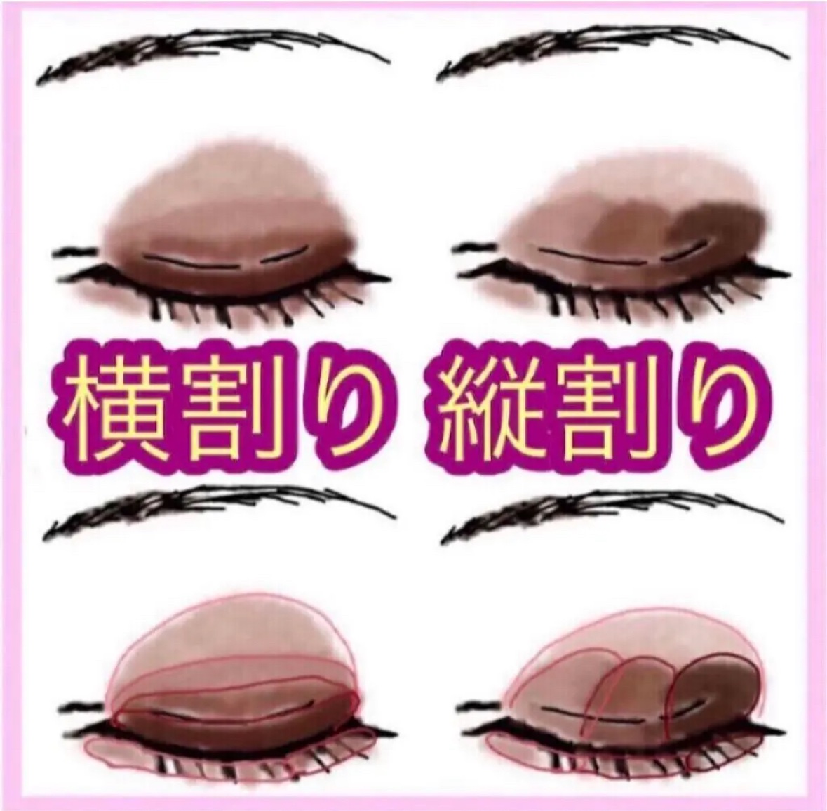 アイシャドウの塗り方をイラスト解説🎨👀
同じアイシャドウでも塗り方で変わる‼️
代表的な塗り方2種類をイラスト解説します💓

まず、画像左側の横割りグラデ✨
1番簡単で初心者向けなのでこの塗り方をしている方は多いのでは？？😳

アイ