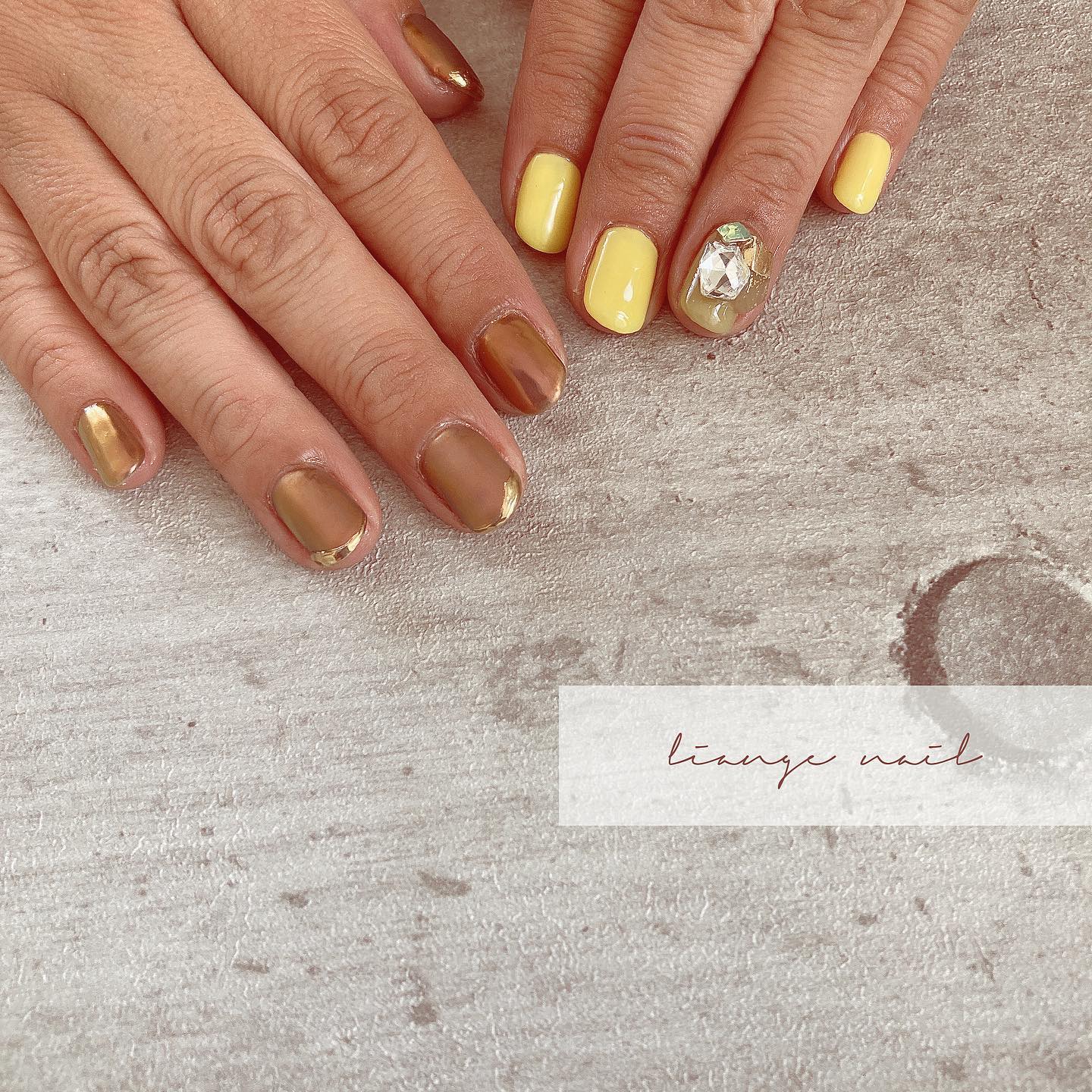 #リアンジェネイル,#柏ネイル,#ネイル,#イエローネイル,#ビジューネイル,#春ネイル,#ミラーネイルのネイルデザイン