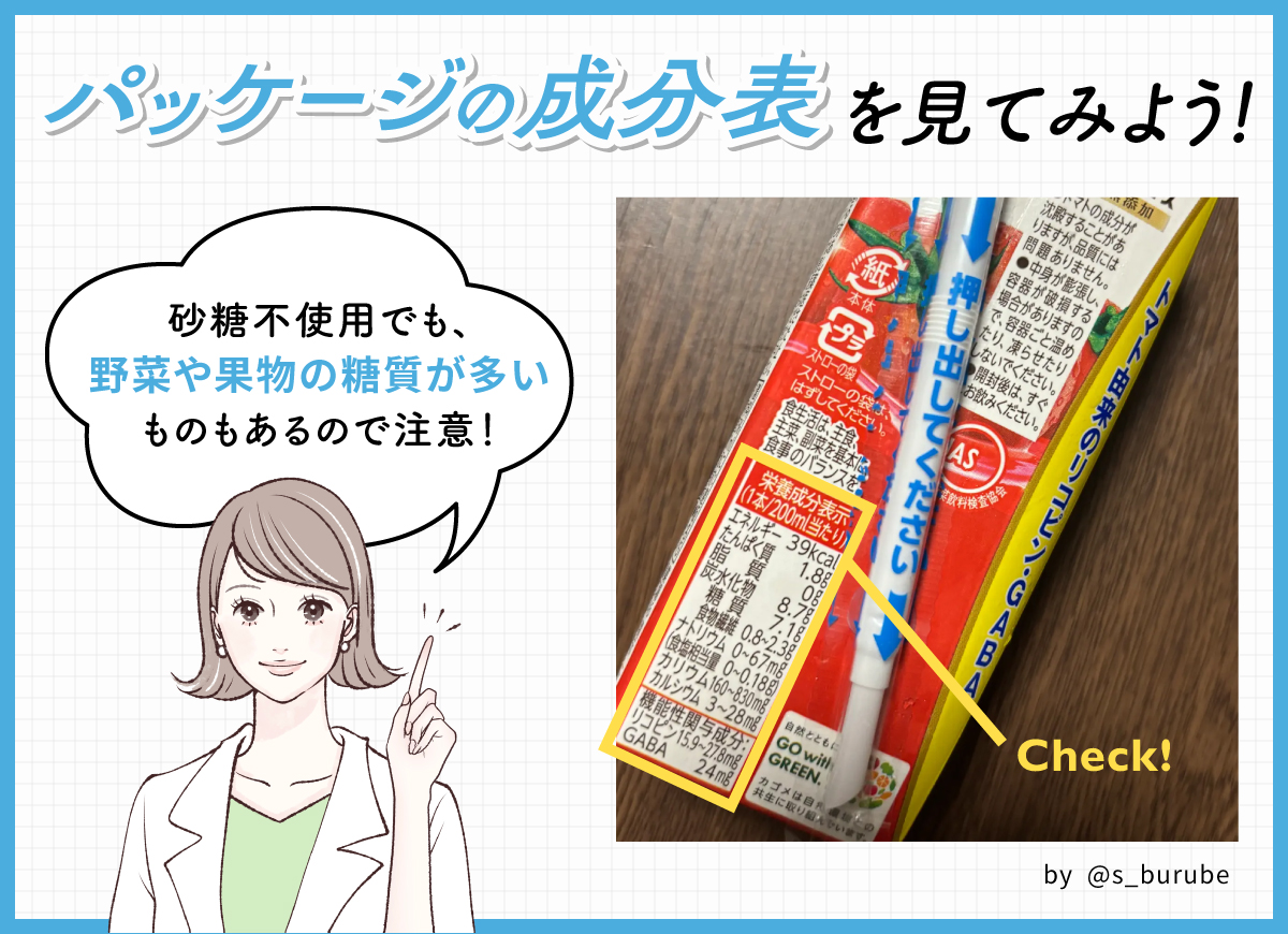 パッケージの成分表を見てみよう！砂糖不使用でも、野菜や果物の糖質が多いものもあるので注意！
