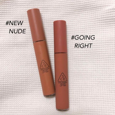 .
3CEの秋色ティント🍁

[NEW NUDE]
黄味がかったブラウンで肌によく馴染むので、ブラウンメイクの際などに使うとまとまると思います

[GOING RIGHT]
赤が入ったブラウンで、色味が