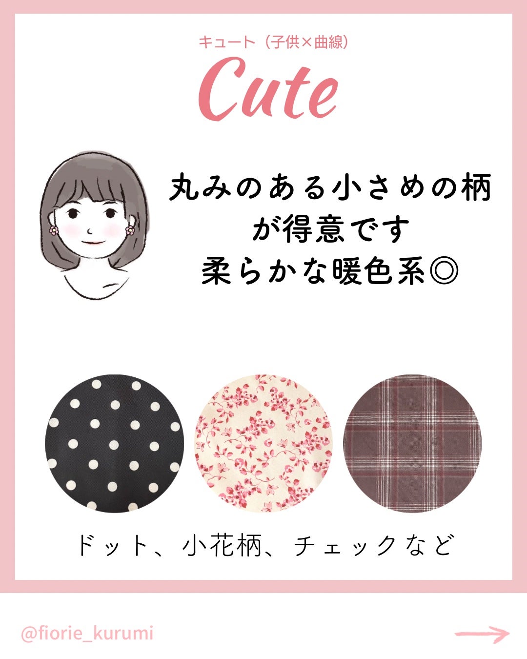 kurumi【柏】パーソナルカラーアナリスト on LIPS 「顔タイプ別おすすめ柄パターンまとめ🌻
子供顔タイプ
▶︎カジュ..」(2枚目)