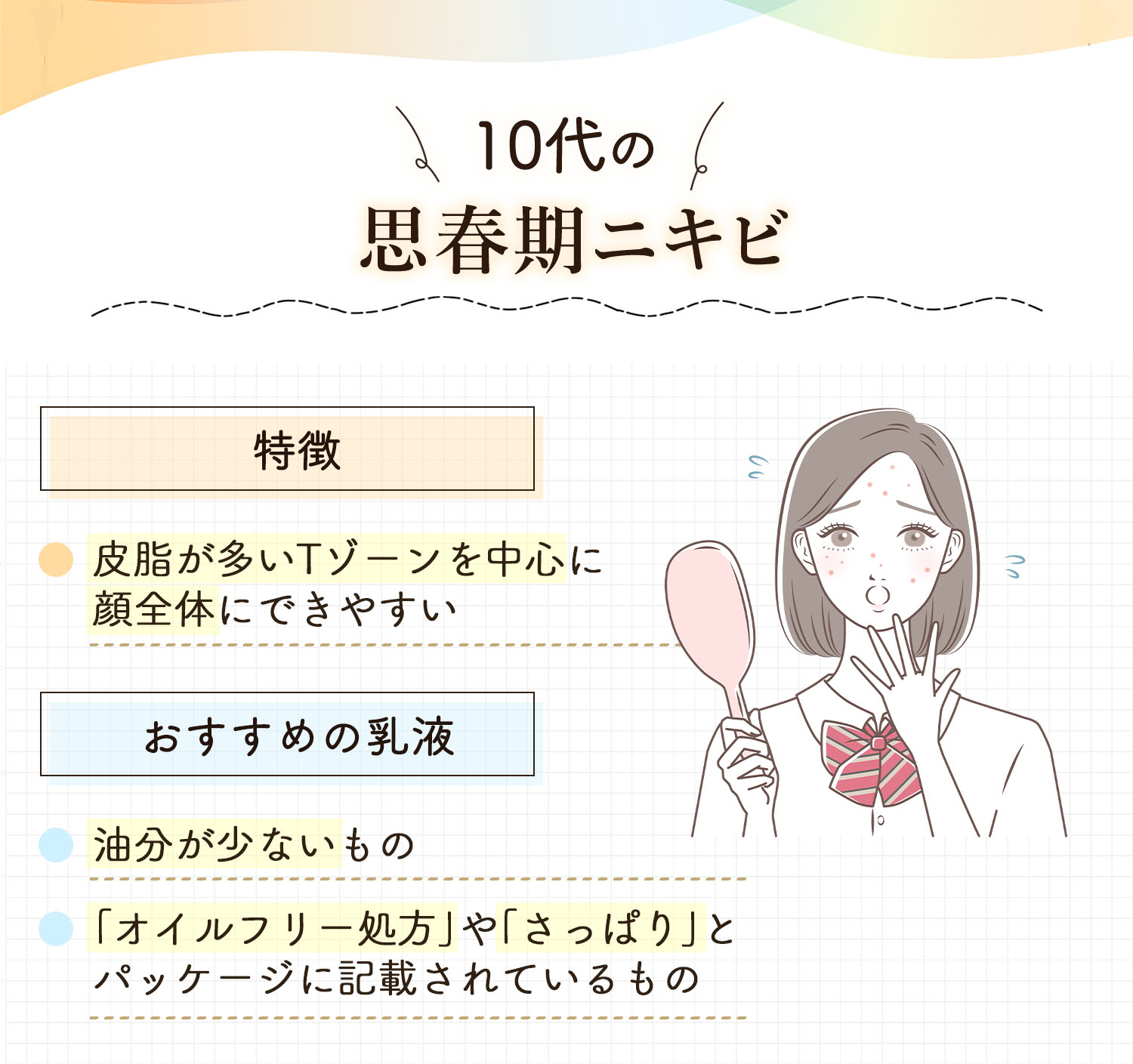 10代の思春期ニキビは皮脂が多いTゾーンを中心に顔全体にできやすいのが特徴。おすすめの乳液は油分が少ないものや「オイルフリー処方」や「さっぱり」とパッケージに記載されているもの。