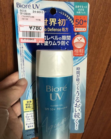 ビオレ アクアリッチ ウォータリージェルq
SPF50+ PA++++  90ml  しまむらで税込780円。

良
・焼けない
・これ塗ってから下地とパウダーだけで肌が綺麗に見える

・ウォータープル