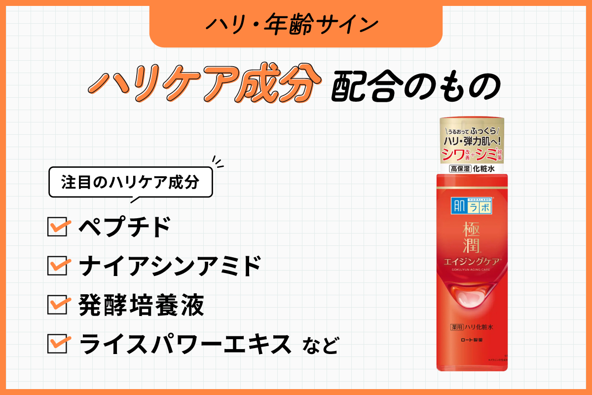 ハリ・年齢サインにはハリケア成分配合のもの。注目のハリケア成分はペプチド・ナイアシンアミド・発酵培養液・ライスパワーエキスなど。