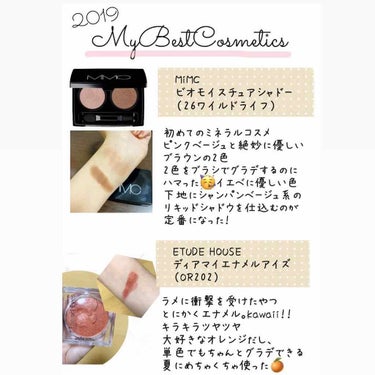 マイ #ベストコスメ2019 
アイ部門
◯ #MiMC ビオモイスチュアシャドー 26ワイルドライフ
2色パレット最高！グラデしやすい。
ラメが上品だし、色味も可愛い。
ただ明るいカラーでも、涙袋には