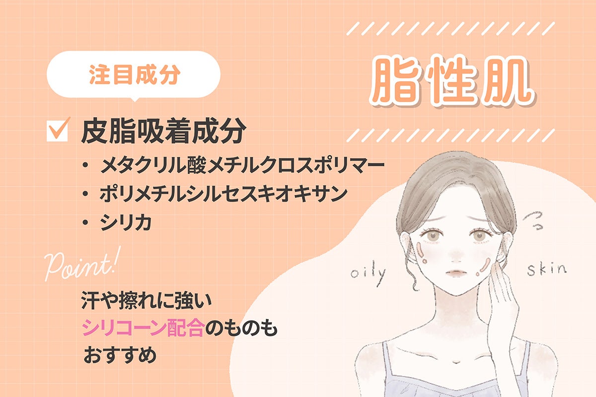 脂性肌はメタクリル酸メチルクロスポリマー・ポリメチルシルセスキオキサン・シリカなどの皮脂吸着成分に注目。汗や擦れに強いシリコーン配合のものもおすすめ。