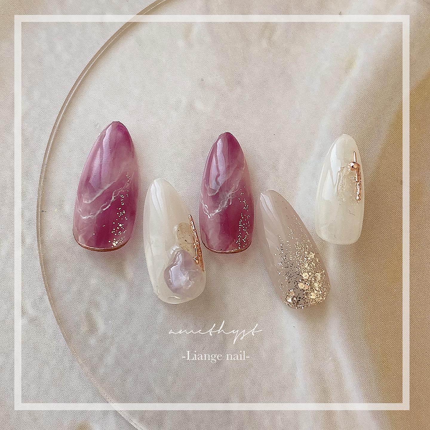 #リアンジェネイル,#柏ネイル,#ネイル,#パープルネイル,#春ネイル,#ニュアンスネイルのネイルデザイン