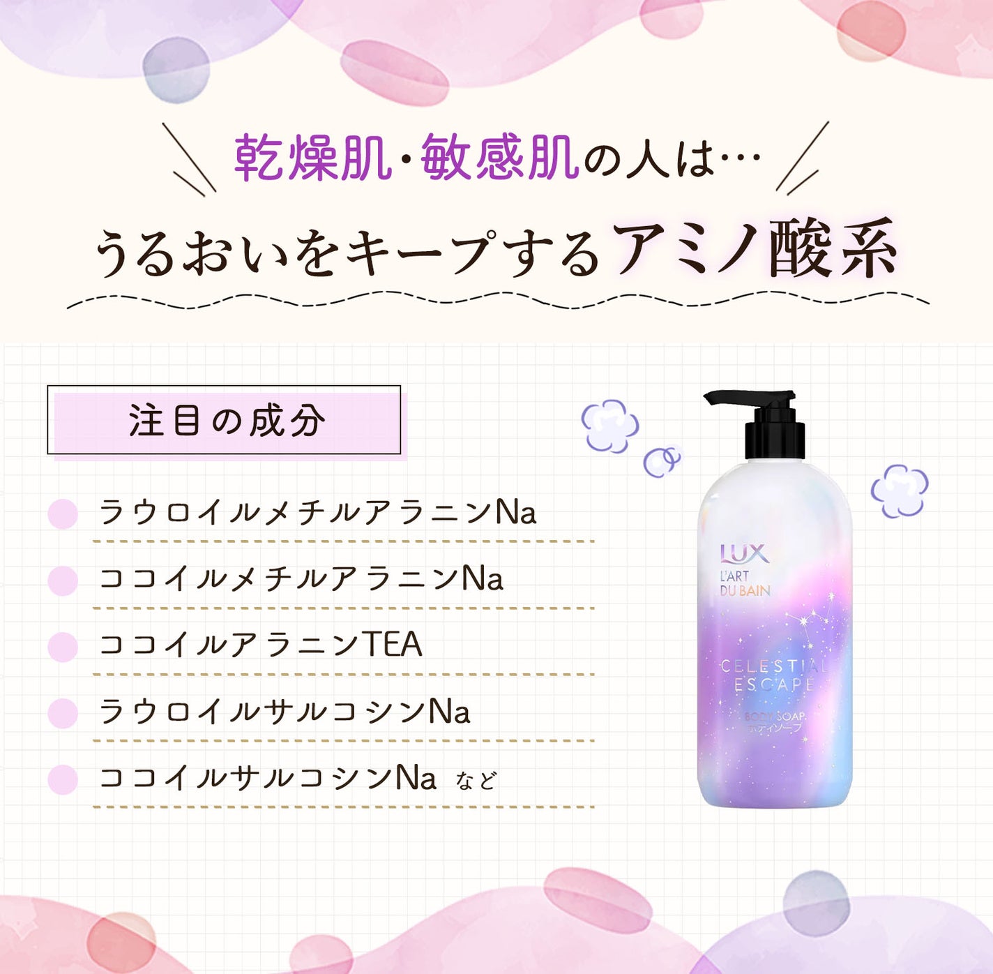 乾燥肌・敏感肌の人はうるおいをキープするアミノ酸系がおすすめ。注目成分はラウロイルメチルアラニンNa・ココイルメチルアラニンNa・ココイルアラニンTEA・ラウロイルサルコシンNa・ココイルサルコシンNa などです。