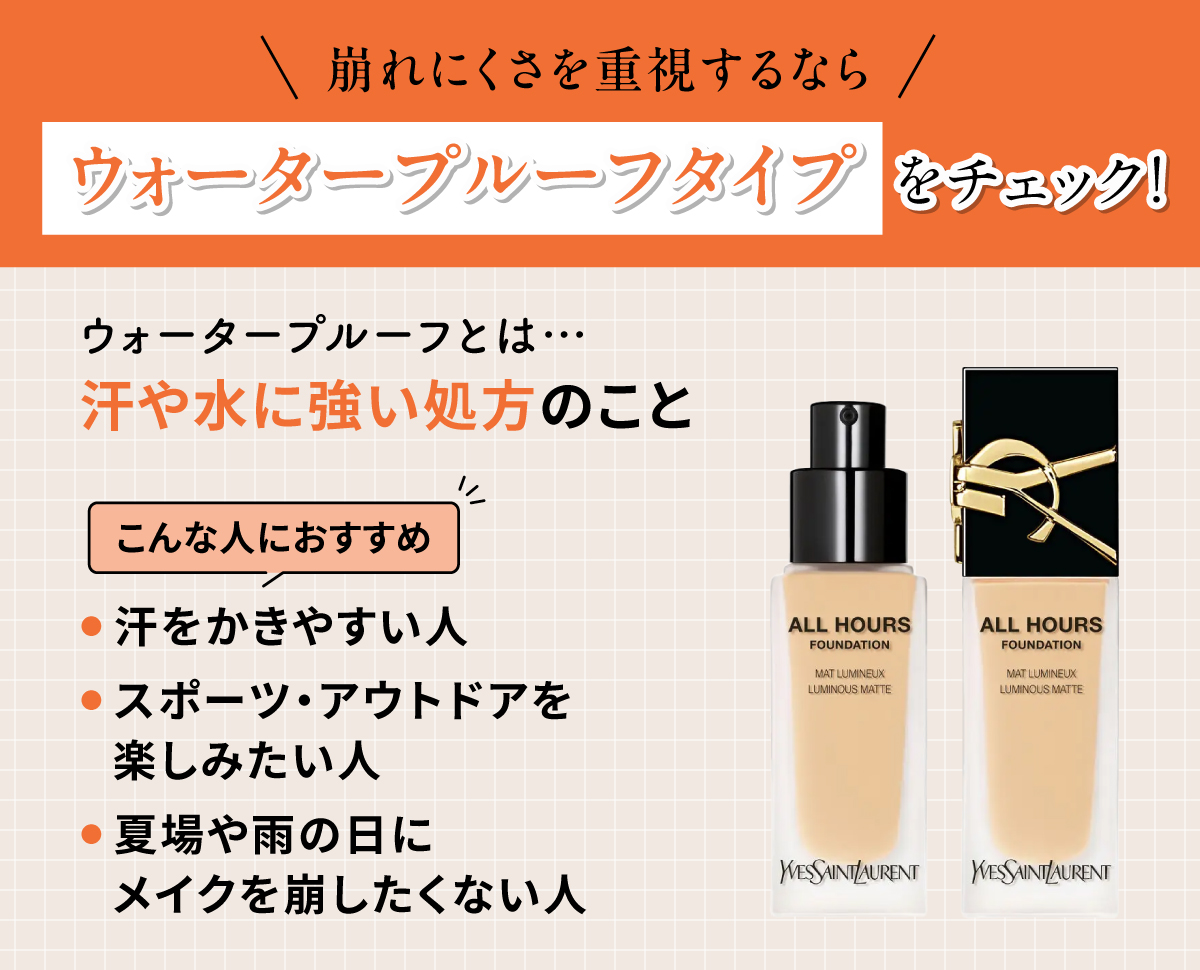 崩れにくさを重視するなら「ウォータープルーフタイプ」をチェック！ウォータープルーフとは汗や水に強い処方のこと。汗をかきやすい人・スポーツ・アウトドアを楽しみたい人・夏場や雨の日にメイクを崩したくない人におすすめ。