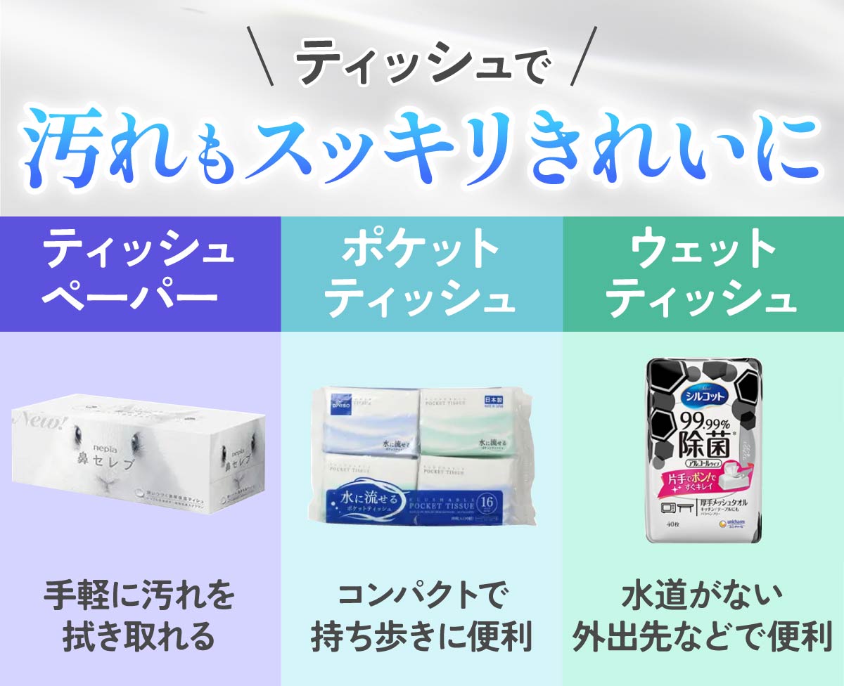 ティッシュペーパーは手軽に汚れを拭き取れる。ポケットティッシュはコンパクトで持ち歩きに便利。ウェットティッシュは水道がない外出先などで便利。