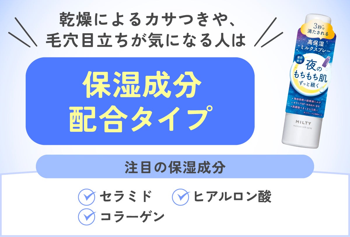 乾燥によるカサつきや、毛穴目立ちが気になる人は保湿成分配合タイプがおすすめ。セラミド・コラーゲン・ヒアルロン酸などの保湿成分に注目。