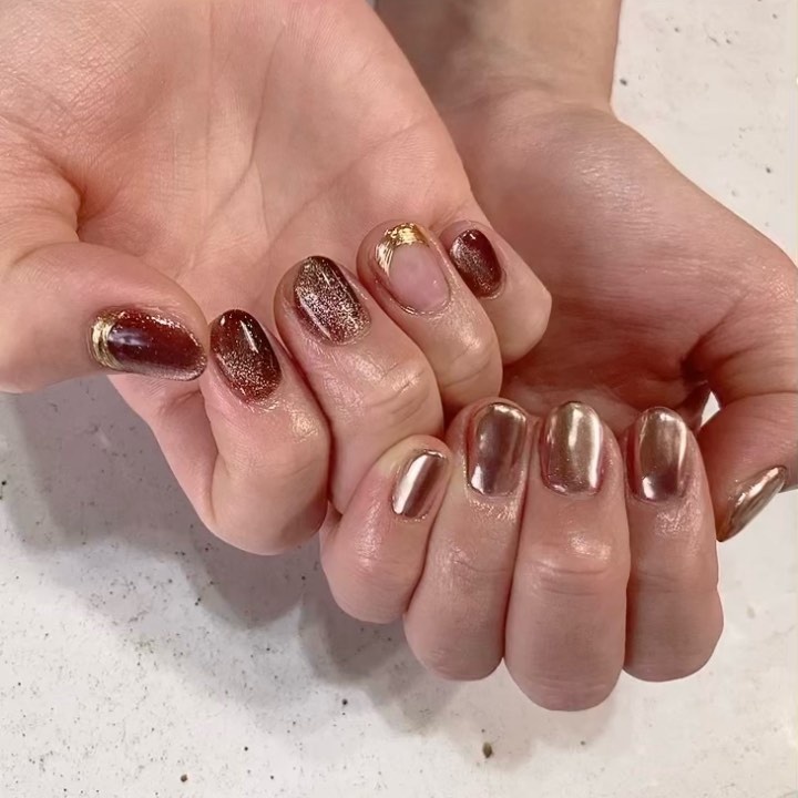 #リアンジェネイル,#柏ネイル,#ネイル,#マグネットネイル,#ミラーネイル,#ブラウンネイルのネイルデザイン