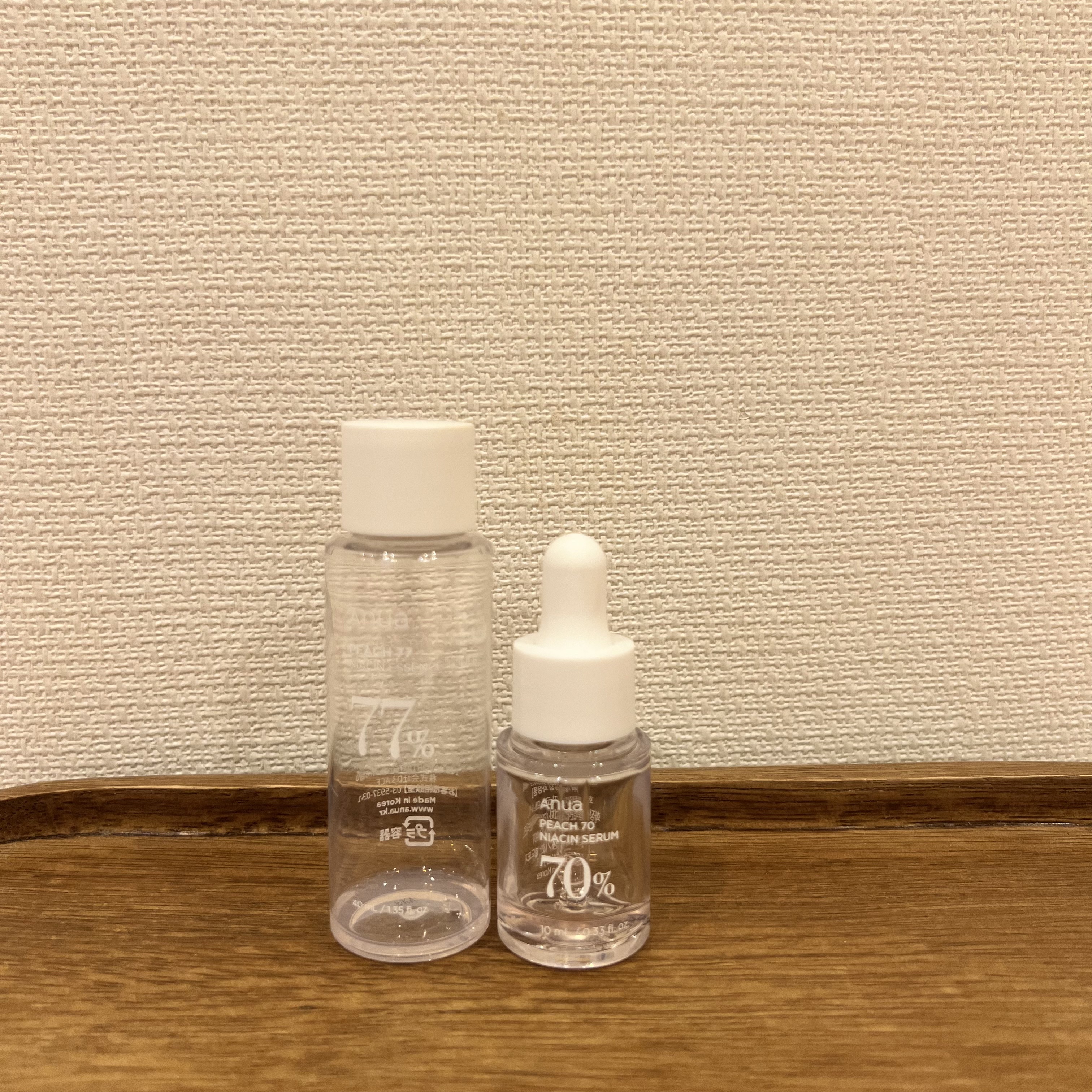 Anua
桃77％ナイアシンエッセンストナー 
桃70%ナイアシンセラム

ドクダミトナーとセラムを購入した時にいただいた桃トナー、セラム。ミニサイズではありますが使い切りましたのでレビューします。

使い切ってしまってから写真を撮ったので