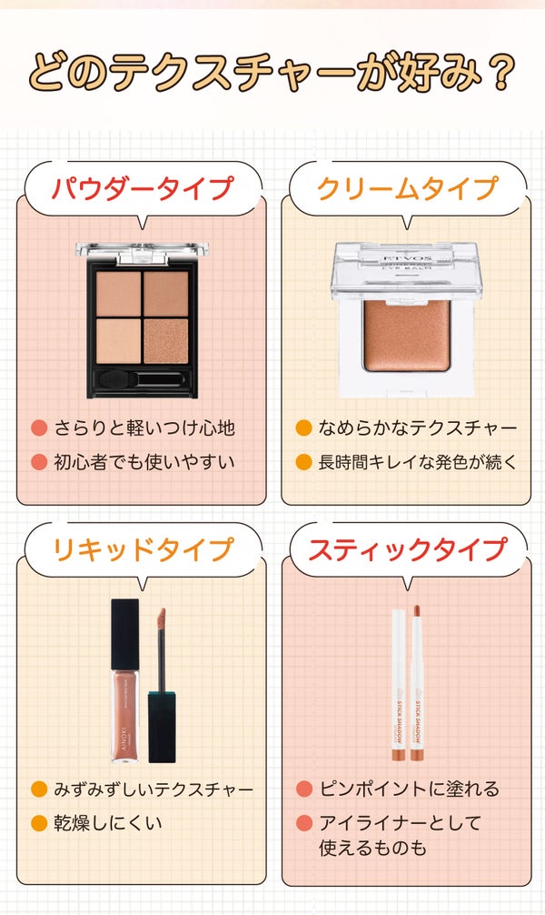 どのテクスチャーが好み?パウダータイプはさらりと軽いつけ心地で初心者でも使いやすい。クリームタイプはなめらかなテクスチャーで長時間キレイな発色が続く。リキッドタイプはみずみずしいテクスチャーで乾燥しにくい。スティックタイプはピンポイントに塗れてアイライナーとして使えるものもある。