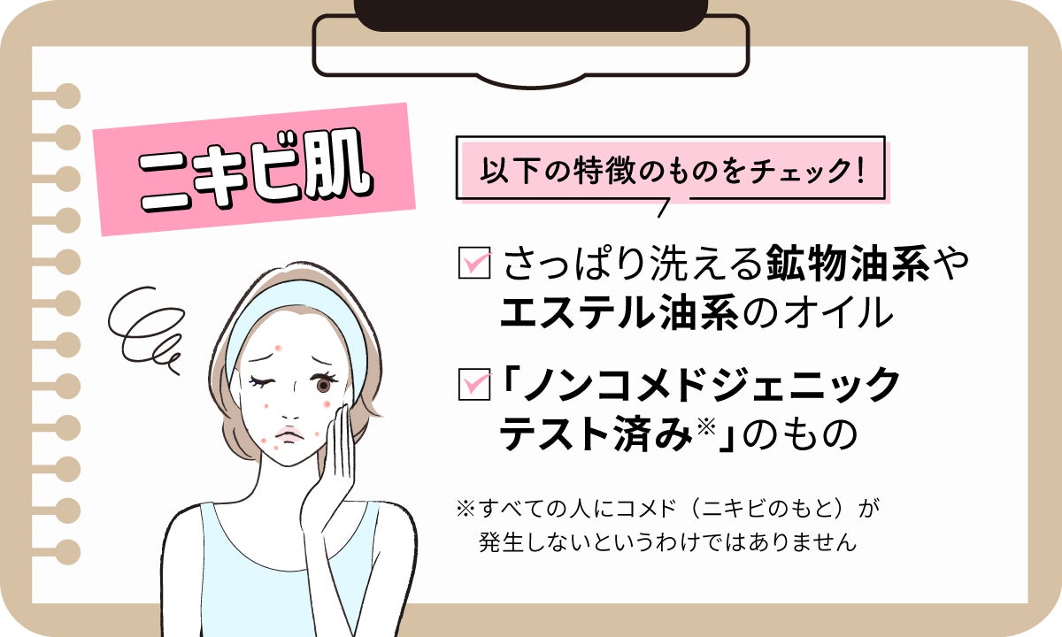 ニキビ肌は、次の特徴をチェック！さっぱり洗える鉱物油系やエステル油系のオイル。ノンコメドジェニックテスト済みのもの。