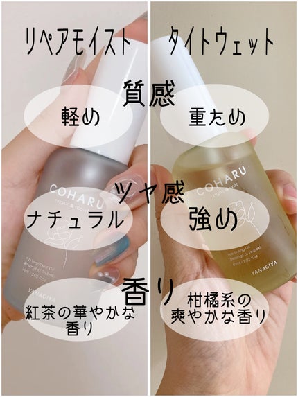 COHARU トリートメントオイル<リペア&モイスト>のクチコミ「COHARUスタイリングオイル
タイト&ウェット❤︎リペア&モイスト
〜2種比較〜
パケも可.....」(2枚目)