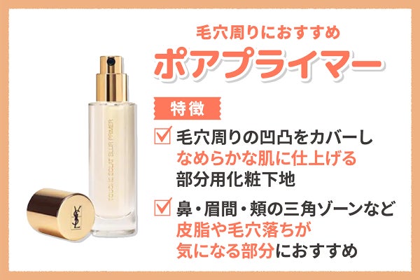 毛穴周りにおすすめなのがポアプライマー。ポアプライマーは毛穴周りの凹凸をカバーしなめらかな肌に仕上げる部分用化粧下地。鼻・眉間・頬の三角ゾーンなど皮脂や毛穴落ちが気になる部分におすすめ。