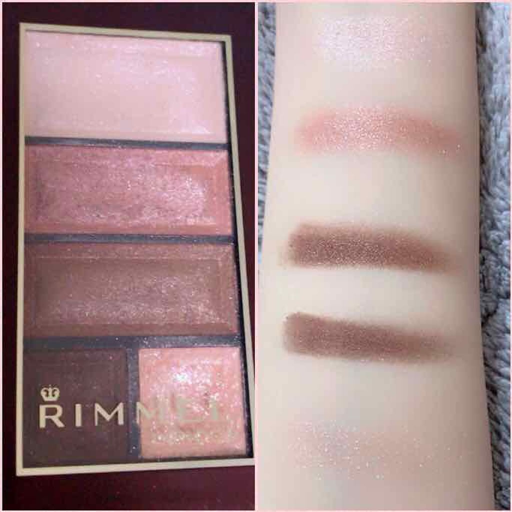 リンメルショコラスウィートアイズ 015 のスウォッチです！
アカリンおすすめで知り、購入しました❤️

発色も良くて粉飛びせず、しっとりした質感です。
ラメがお上品な感じでかわいいです💕
普段使いできる2段目のピンクが大好きで、かなり重