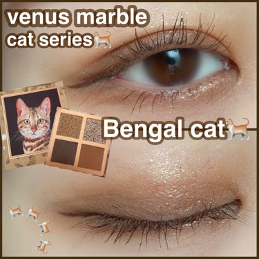 Venus Marble(ヴィーナスマーブル)
キャットシリーズ🐈❤︎アイシャドウ猫シリーズ

ベンガルキャットを使ったアイメイクです◎

このパレットかなりお気に入りです☺️

とくに右上のゴールドラメがキラキラで可愛い(´・ω・｀)一気に華やかなメイクになります！

そして左上のイエロー味のあるブラウンカラーがおしゃれで、このカラーを上下まぶた全体的に最初にのせることでイエロー味が足されて可愛いです！

左上と右下がマット、右上がラメ、左下がシマーといったように違ったテクスチャーがセットされているので、これ1つでしっかりアイメイクを完成させられます◎

アイシャドウ猫シリーズは他にも色んなパレットがでていますが、このベンガルキャットが1番使いやすいかなと感じます◎

パッケージも可愛くて、私はバラエティショップで1400円＋税で購入しました！

こちら中国コスメですが最近は日本のショップでも販売されています！

#VenusMarble#ヴィーナスマーブル#アイシャドウ猫シリーズ#キャットシリーズ#ベンガルキャット#中国コスメ #キラキラ愛好会 の画像 その0