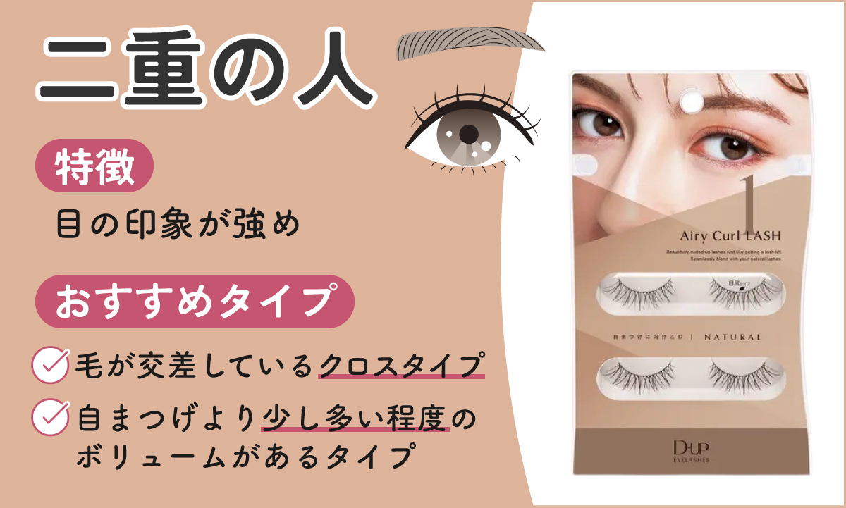 二重の人は、目の印象が強め。毛が交差しているクロスタイプや、自まつげより少し多い程度のボリュームがあるタイプがおすすめ。