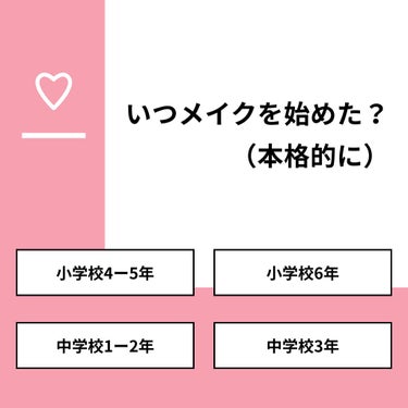 【質問】
いつメイクを始めた？（本格的に）

【回答】
・小学校4ー5年：25.0%
・小学校6年：18.8%
・中学校1ー2年：25.0%
・中学校3年：31.3%

#みんなに質問

=======