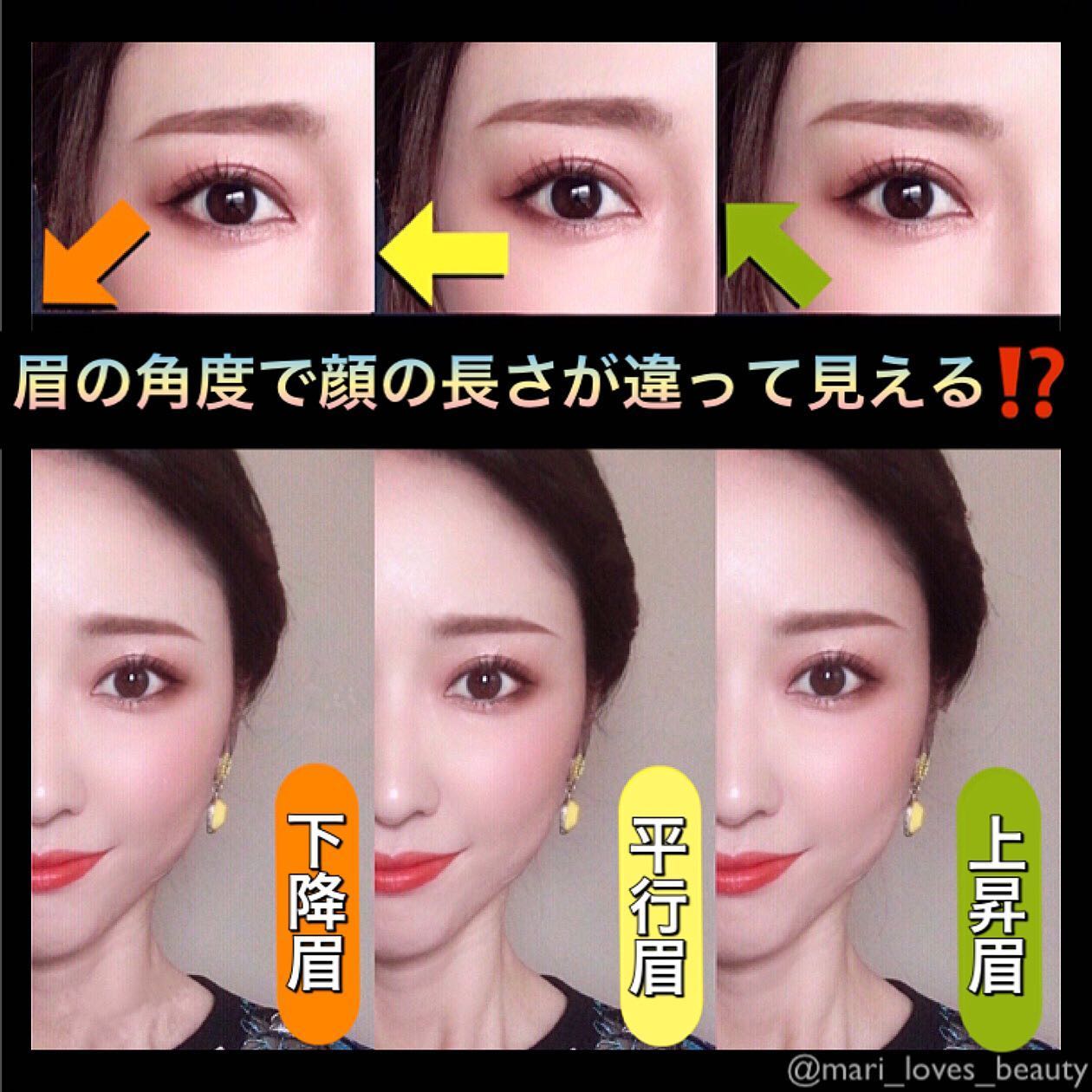 眉の角度で顔の長さが違って見える？！
.
.
これまでにも眉の形による印象の違いや眉の描き方などをpostさせていただいておりますが、
.
今回は眉の角度に焦点を当ててご紹介します！
.
.
.
【上昇眉】
眉頭から眉尻にかけて上向きの眉。