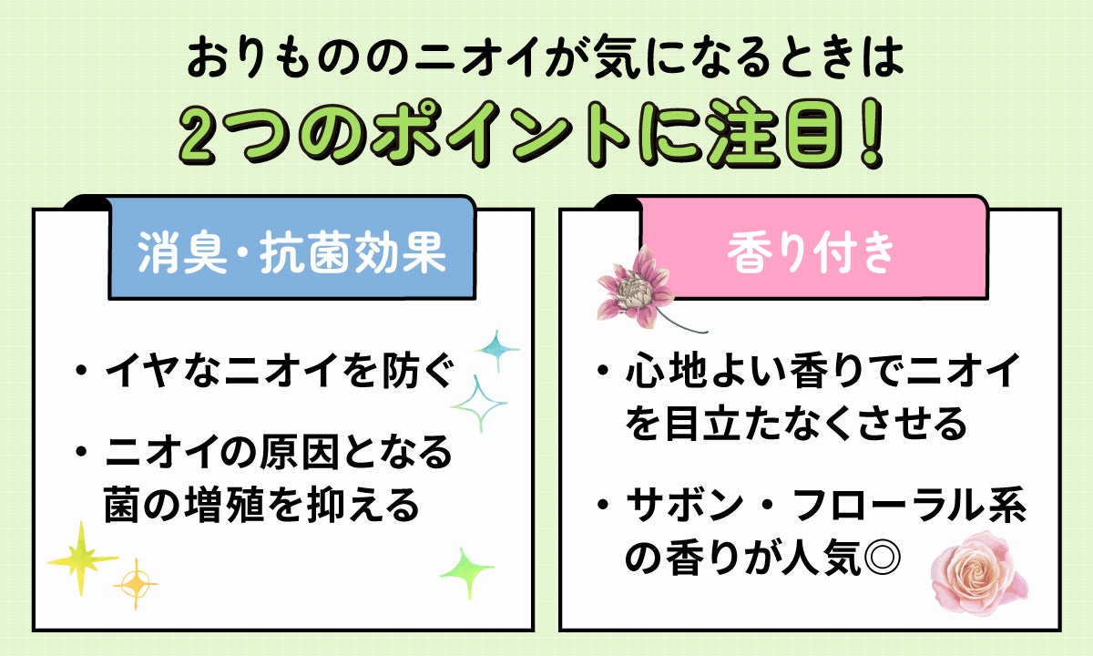 消臭効果はイヤなニオイを防ぎ、抗菌（※）効果はニオイの原因となる菌の増殖を抑えてくれる。香り付きのおりものシートは、デリケートゾーンのイヤなニオイを和らげてくれます