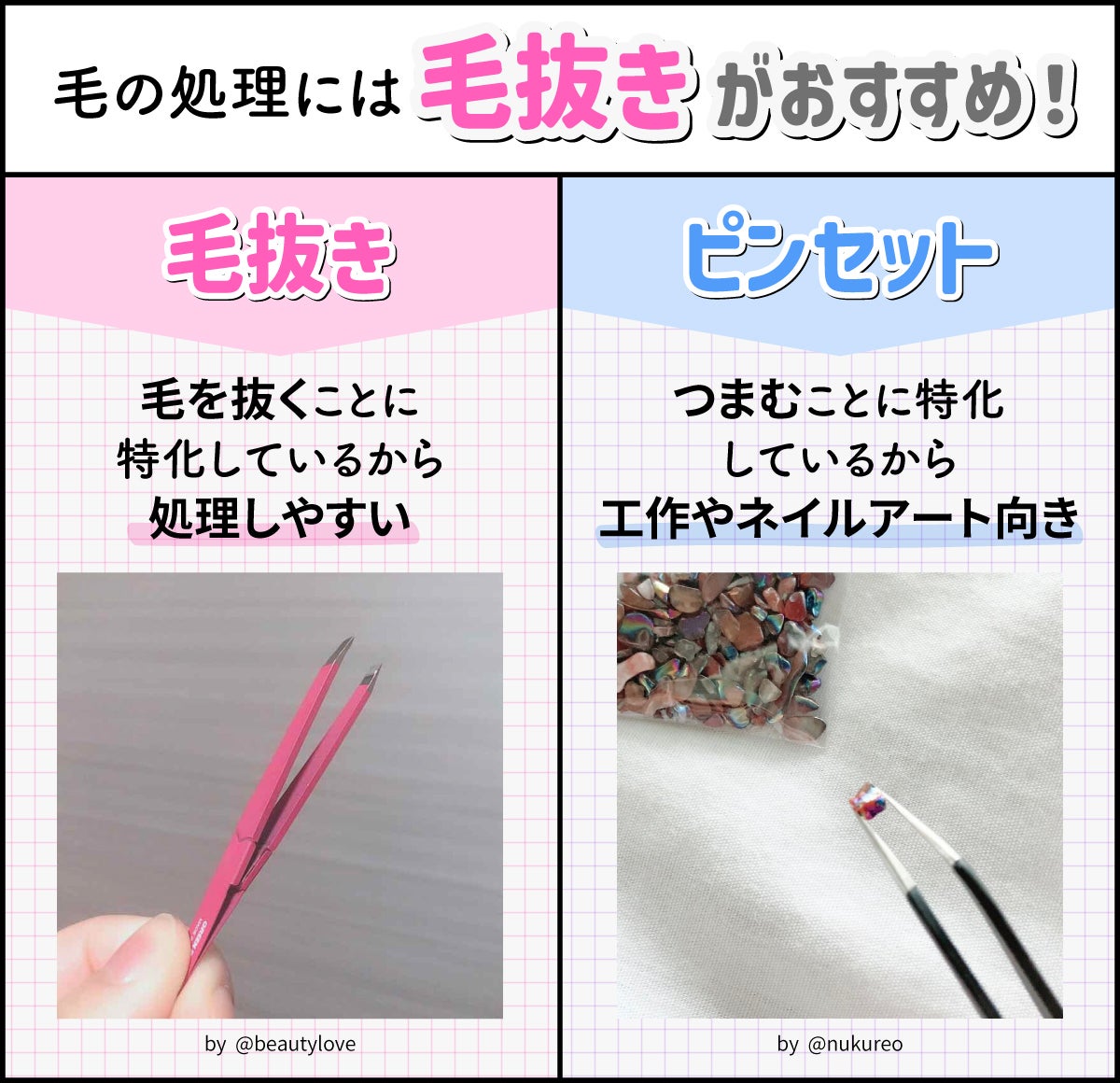 毛の処理には毛抜きがおすすめ! 毛抜きは毛を抜くことに特化しているから、処理しやすい。ピンセットはつまむことに特化しているから、工作やネイルアート向き。