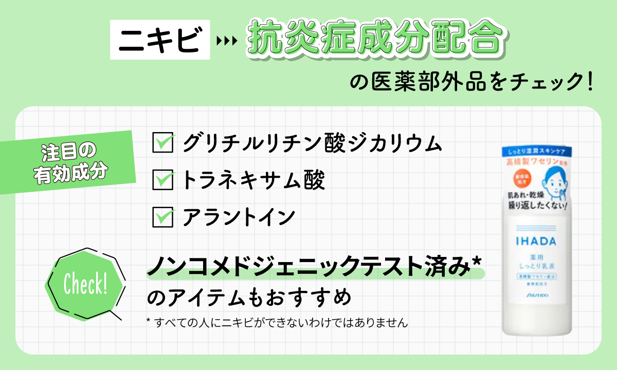 ニキビ→抗炎症成分配合の医薬部外品をチェック！グリチルリチン酸ジカリウム・トラネキサム酸・アラントインなどの有効成分やノンコメドジェニックテスト済み*のアイテムもおすすめ。*すべての人にニキビができないわけではありません