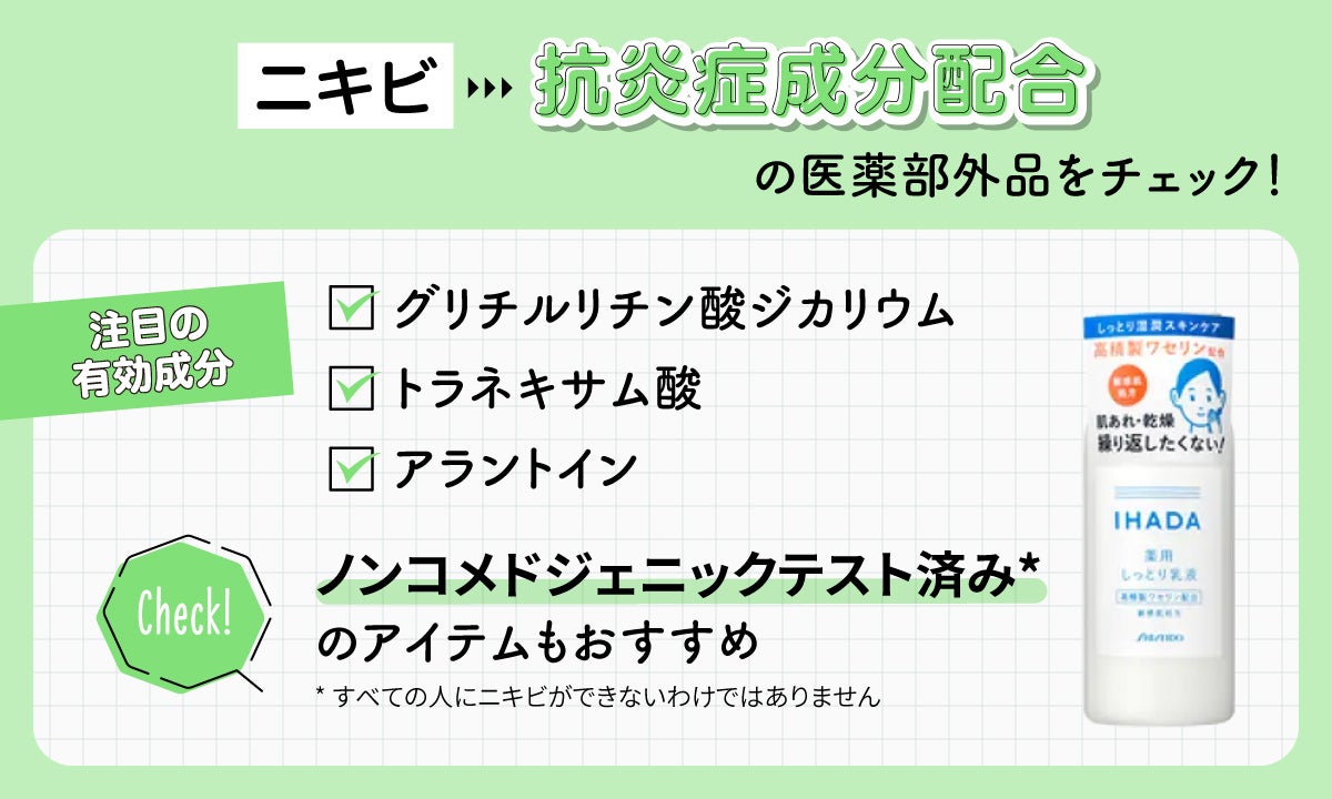 ニキビ→抗炎症成分配合の医薬部外品をチェック!グリチルリチン酸ジカリウム・トラネキサム酸・アラントインなどの有効成分やノンコメドジェニックテスト済み*のアイテムもおすすめ。*すべての人にニキビができないわけではありません