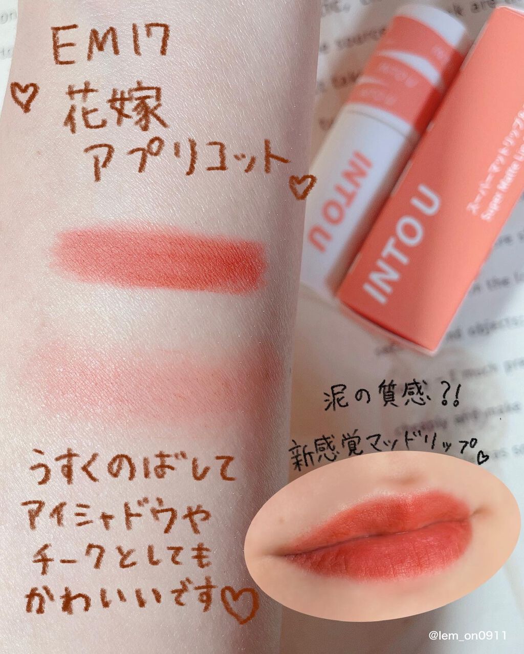 スーパーマットリップ＆チークマッド EM17 花嫁 アプリコット/INTO U/口紅を使ったクチコミ（1枚目）