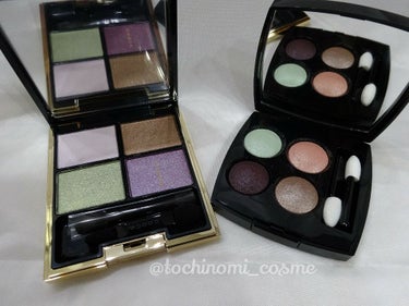 SUQQUのデザイニングカラーアイズ（涼秋桜）とCHANELのLes 4 Ombres（Premiere Eclosion）の色味比較。
ブロンズとグリーンはわりと似てます。全体的にSUQQUはゴールド