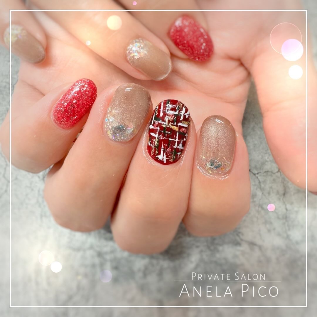 #クリスマスネイル,#ツイードネイルのネイルデザイン