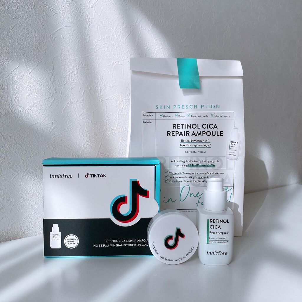 _
\ innisfree×Tiktok Special Set♡ /

レチノール(整肌成分)配合の美容液が
イニスフリーから登場しました🌿

『レチノールシカリペアセラム』はレチノールで角質ケアをしてCICAで肌の潤いを保てるので繰り