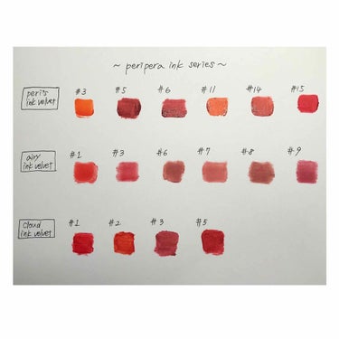 【peripera ink series】
水彩画用紙に全色出してみました。手と紙とじゃ色の見え方が違うのであくまで参考程度に。
前の投稿で書き忘れましたが私はゴリッゴリのイエベ秋です。