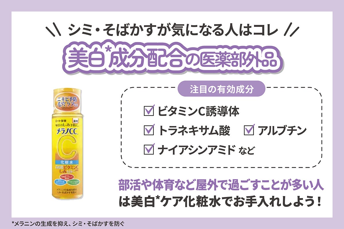 シミ・そばかすが気になる人は美白*成分配合の医薬部外品がおすすめ。注目の有効成分はビタミンC誘導体・トラネキサム酸・アルブチン・ナイアシンアミドなど。部活や体育など屋外で過ごすことが多い人は美白*ケア化粧水でケアをしよう!*メラニンの生成を抑え、シミ・そばかすを防ぐ