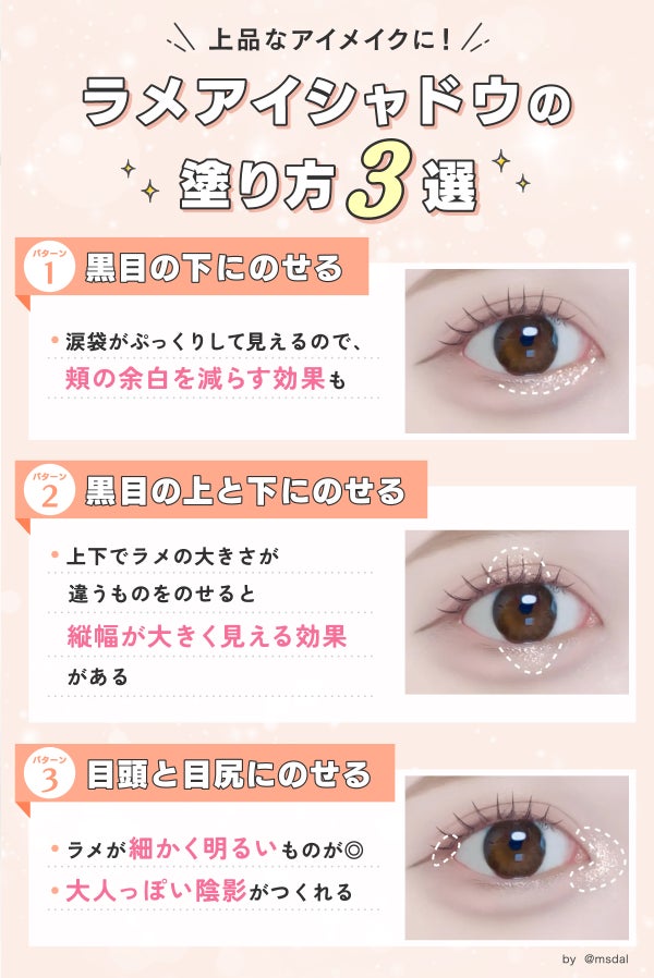 上品なアイメイクに!ラメアイシャドウの塗り方3選。パターン 1:黒目の下にのせる。涙袋がぷっくりして見えるので、頬の余白を減らす効果もある。パターン 2:黒目の上と下にのせる。上下でラメの大きさが違うものをのせると縦幅が大きく見える効果がある。パターン 3:目頭と目尻にのせる。ラメが細かく明るいものがよく大人っぽい陰影がつくれる。