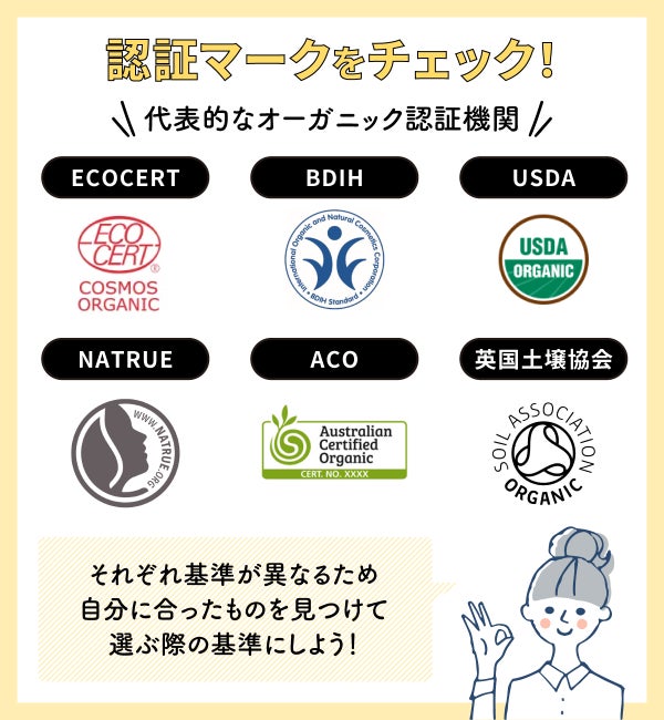 認証マークをチェック!代表的なオーガニック認証機関はECOCERT・BDIH・USDA・NATRUE・ACO・英国土壌協会。それぞれ基準が異なるため自分に合ったものを見つけて選ぶ際の基準にしよう!